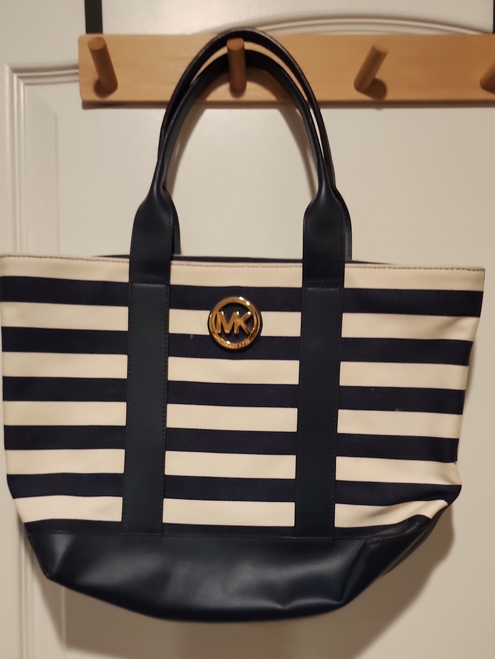 Michael Kors Navy and Cream Striped Tote with Gold MK Accent